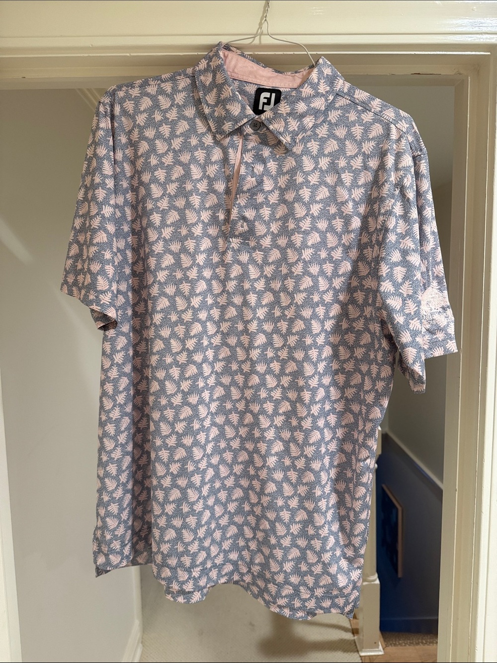 FootJoy Men's Light Blue Polo with Pink Leaf Print